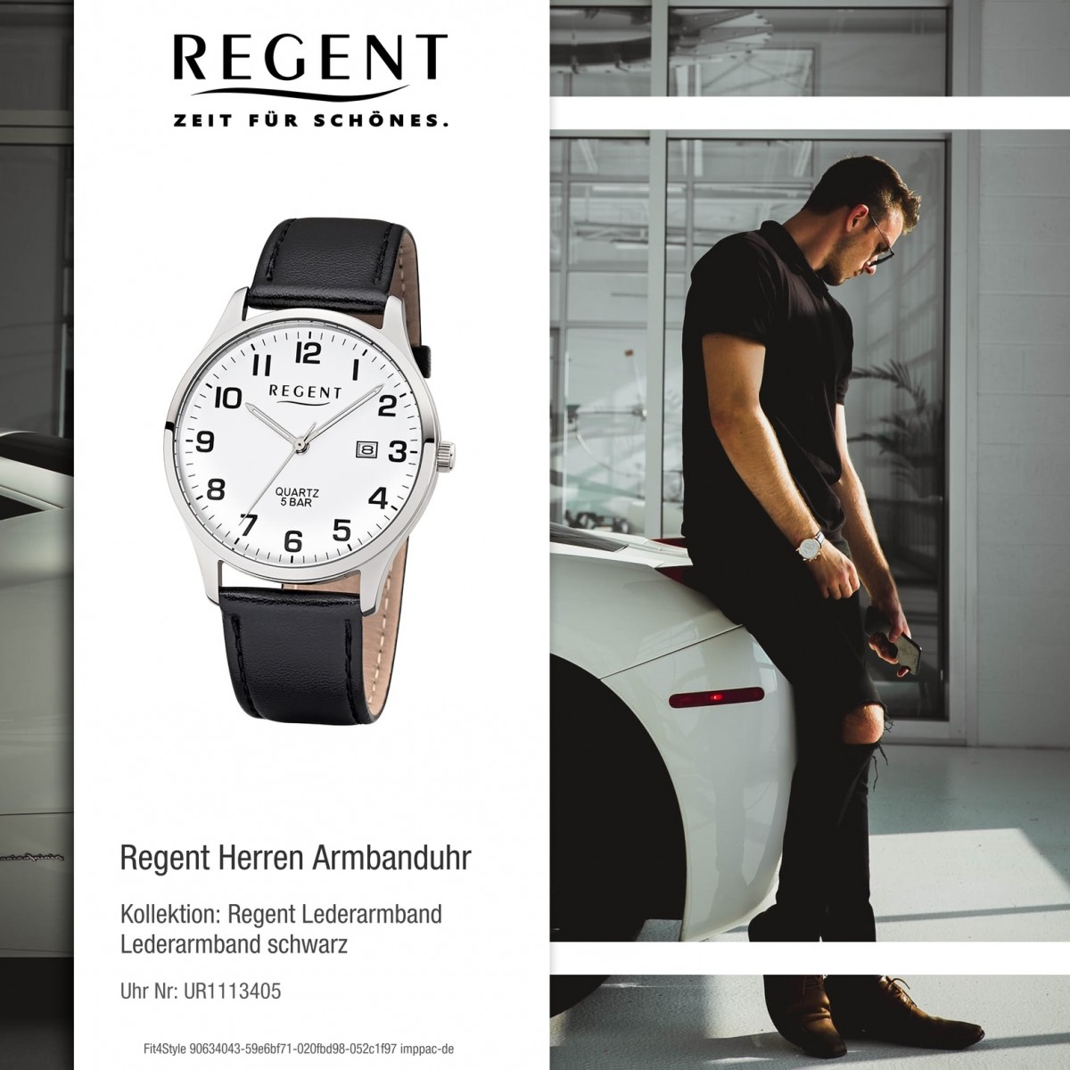 Regent Herren-Armbanduhr F-1241 UR1113405 schwarz Quarz-Uhr Leder-Armband