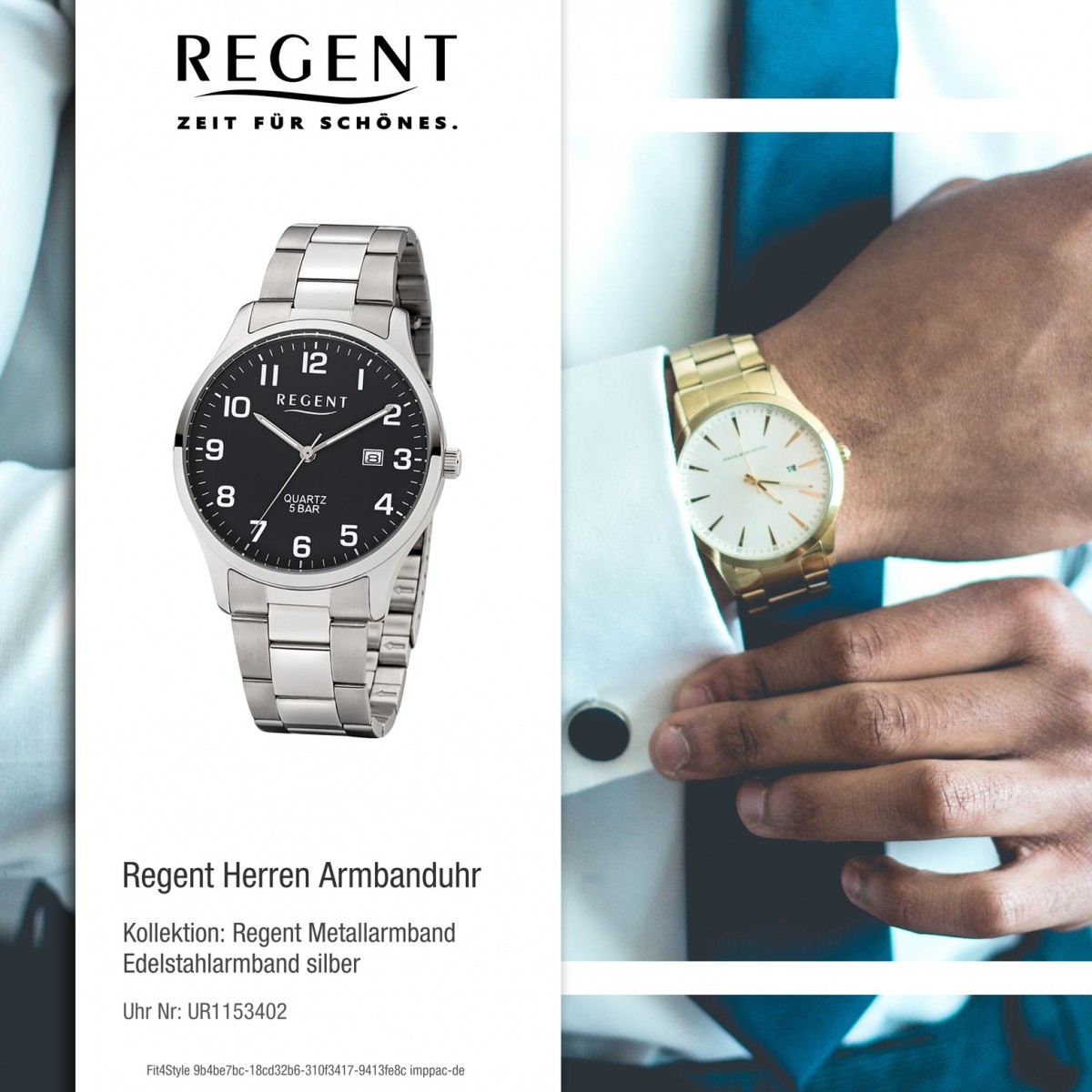 Regent Herren-Armbanduhr 32-1153402 Quarz-Uhr Edelstahl-Armband UR1153402 silber