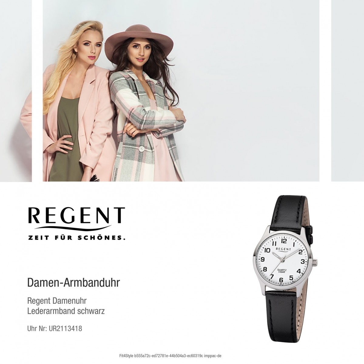 Regent UR2113418 schwarz Quarz-Uhr F-1309 Leder-Armband Damen-Armbanduhr
