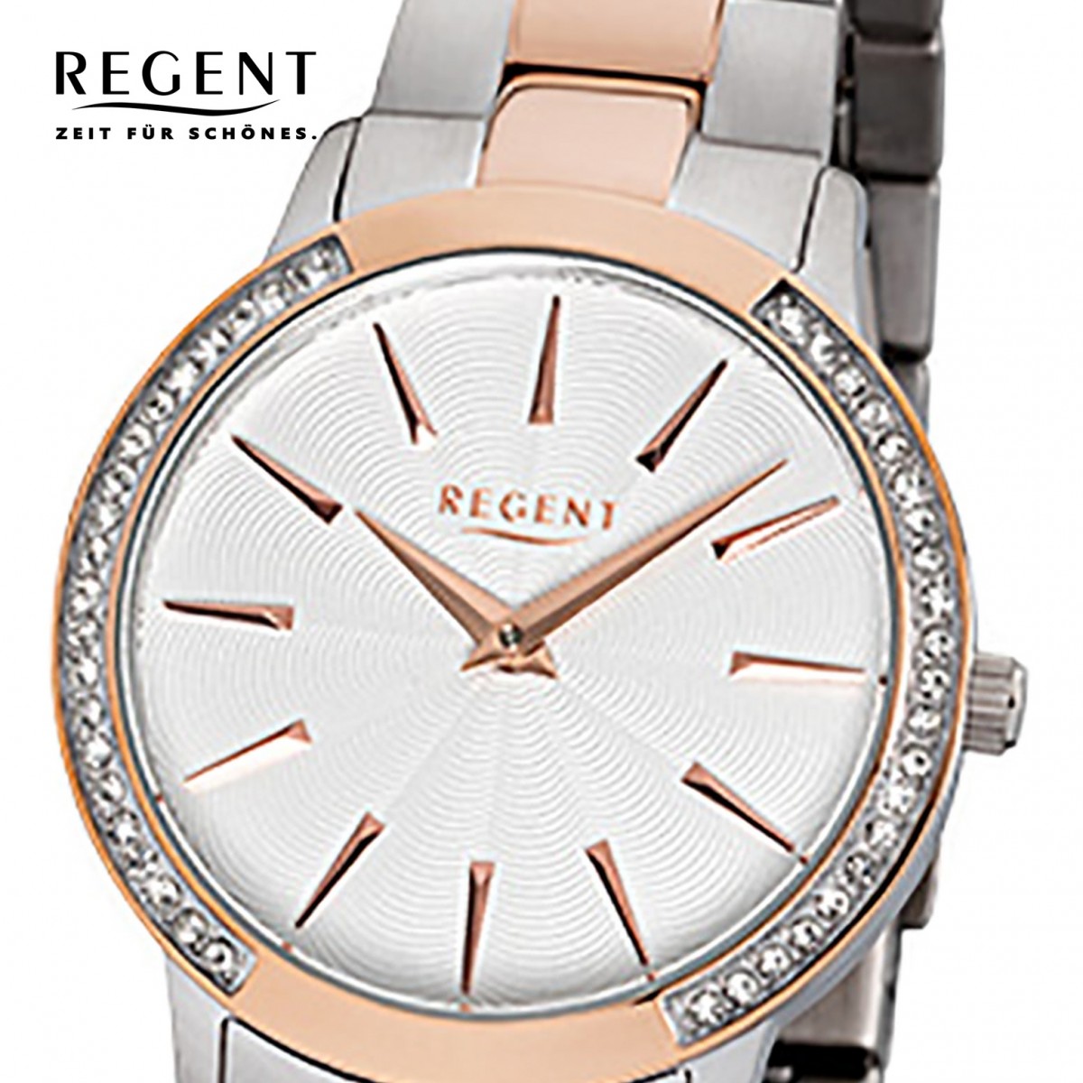Regent Damen-Armbanduhr 32-F-1056 UR rosegold URF1056 Quarz-Uhr Edelstahl-Armband silber