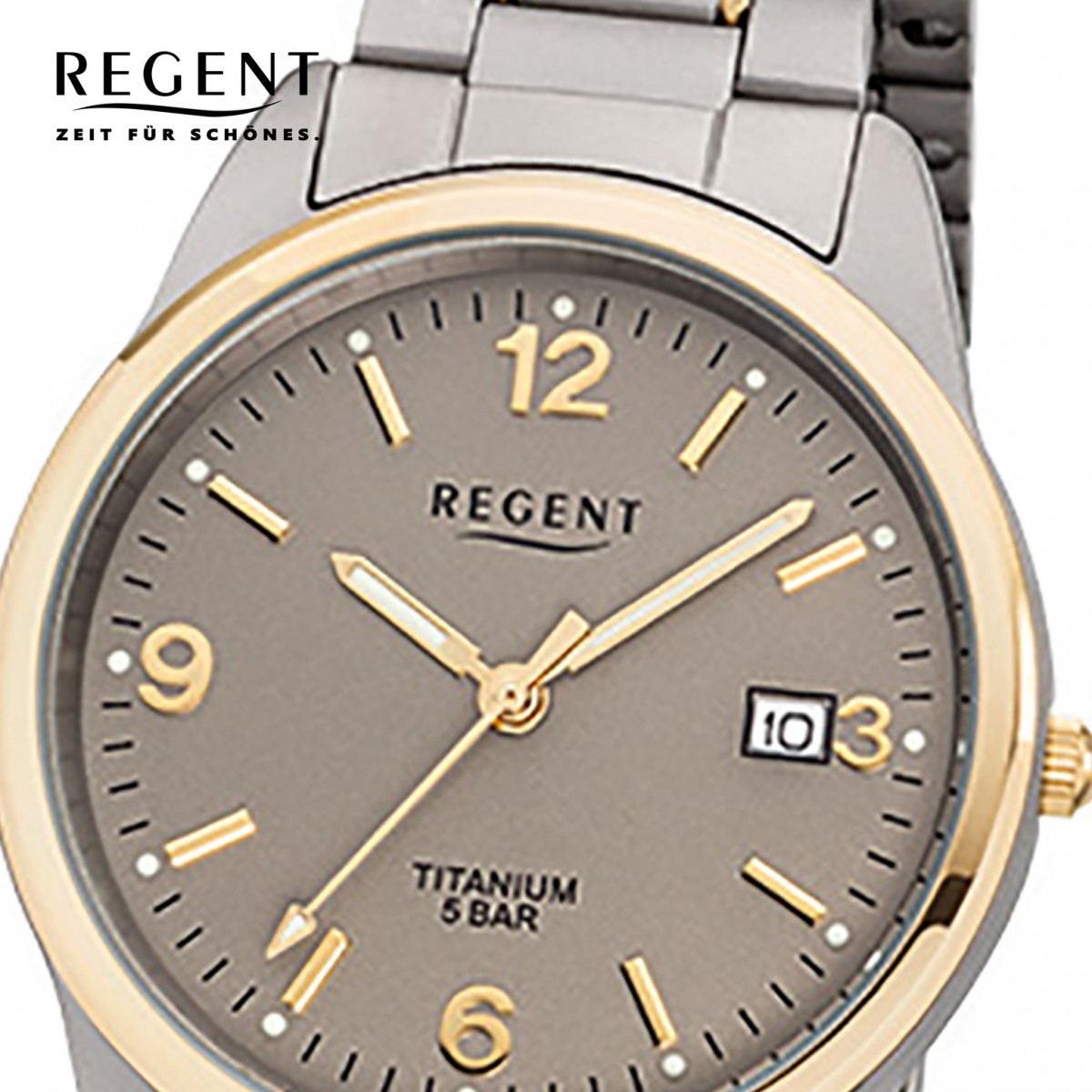 Quarz-Uhr gold URF1 URF1107 32-F-1107 Regent Titan-Armband silber grau Herren-Armbanduhr