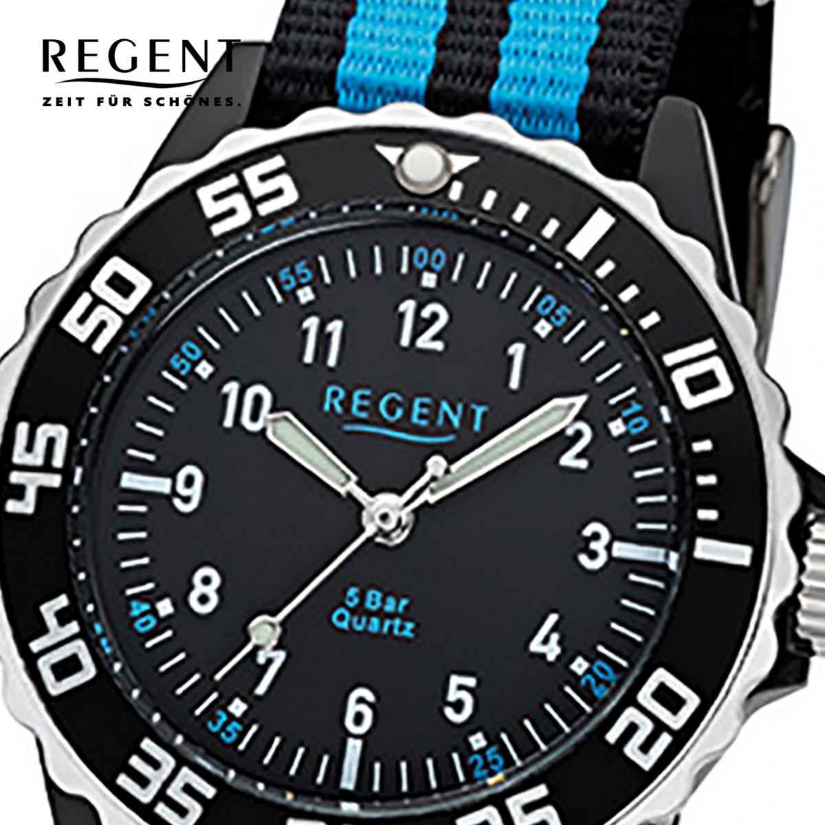 Regent Kinder, Jugend-Armbanduhr 32-F-1126 Quarz-Uhr Textil, blau URF1126 Stoff-Armband schwarz
