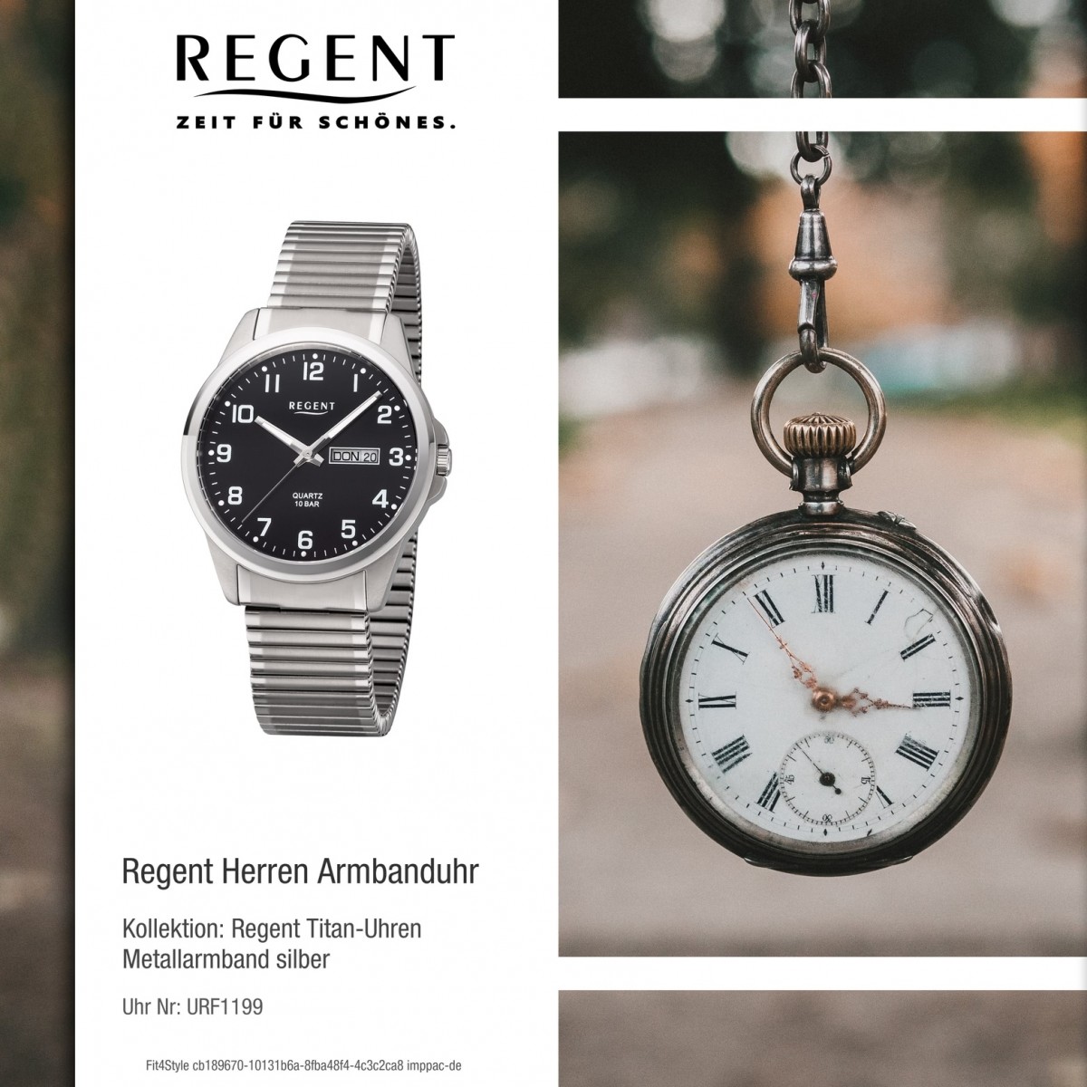 Regent Herren Armbanduhr Quarz-Uhr silber F-1199 Analog Titan URF1199
