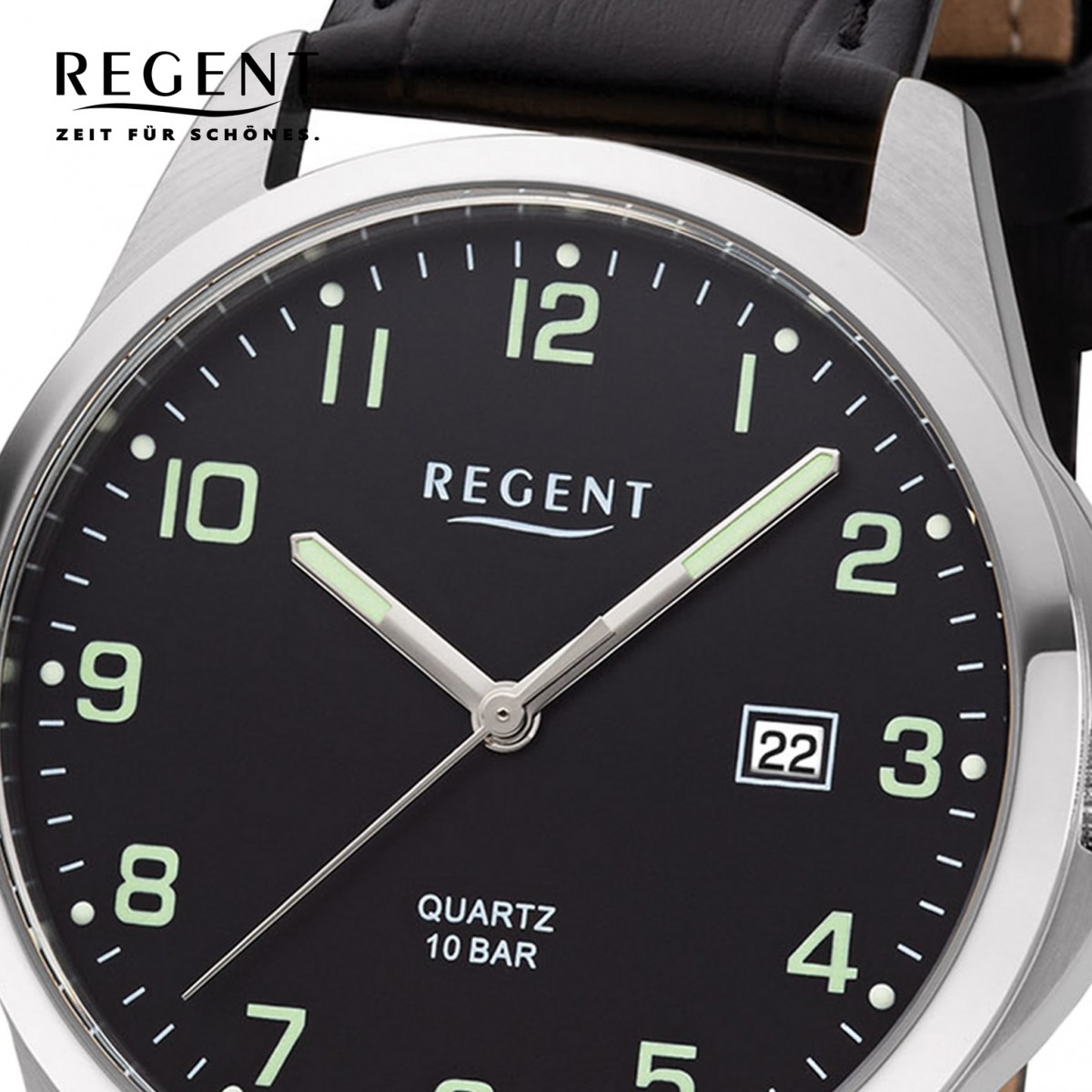 Regent Herren Armbanduhr schwarz Analog Quarz-Uhr Leder URF1227 F-1227