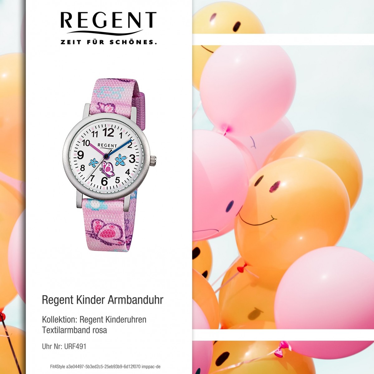 Regent Kinder-Armbanduhr - Schmetterling - Textil Quarz Mädchen Uhr rosa URF491