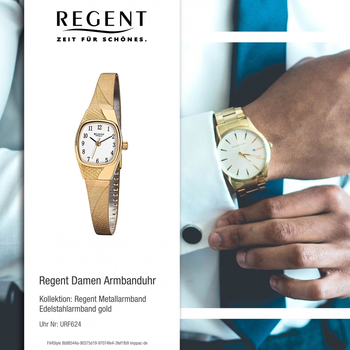 Regent Damen-Uhr - Metallarmband gold Edelstahl Quarzwerk URF624 - 