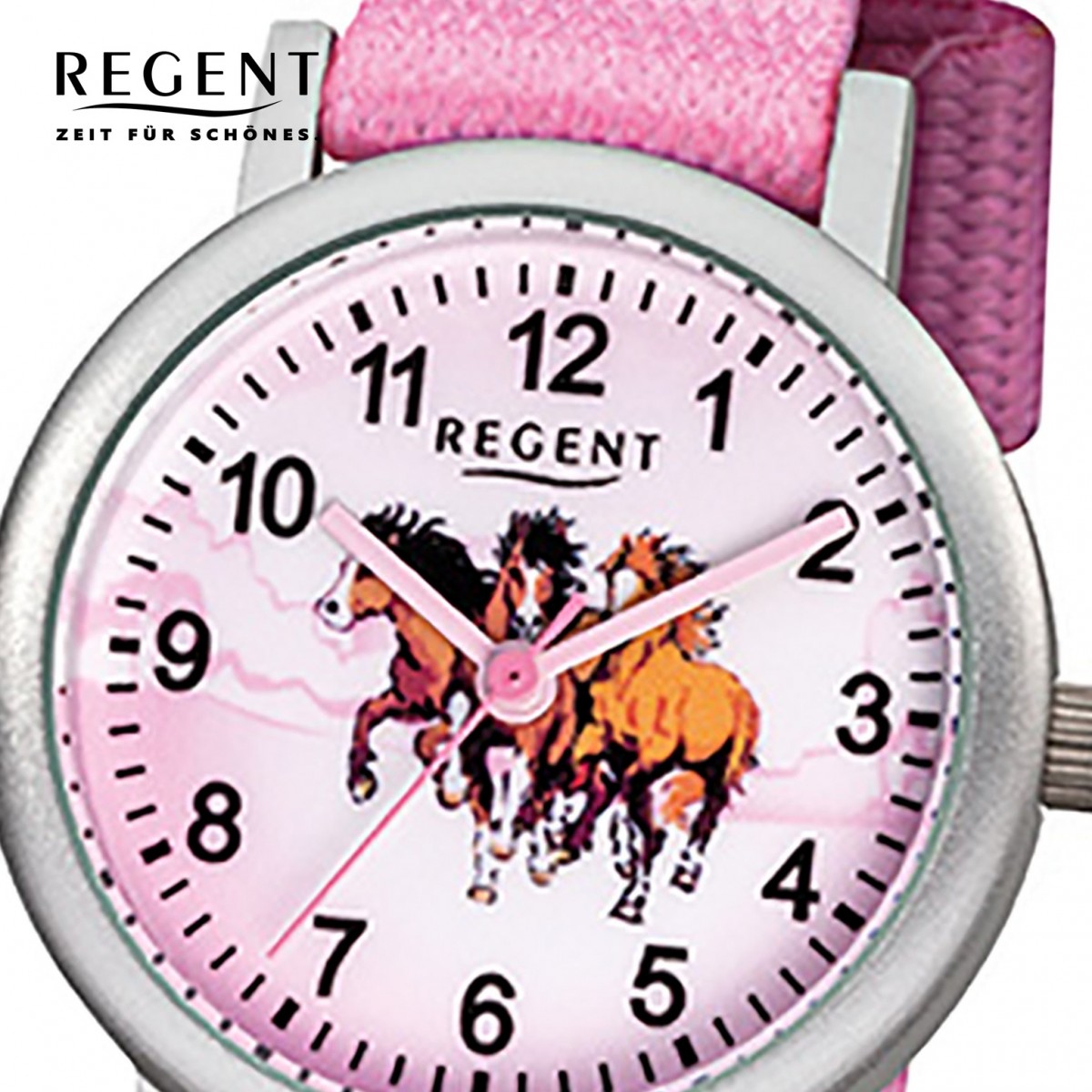 Regent Kinder-Armbanduhr Aluminium rosa Uhr Pferde Quarz Mädchen URF729 Textil