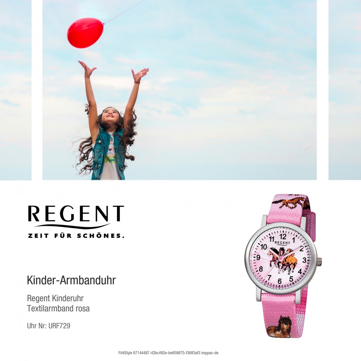 Regent Kinder-Armbanduhr Pferde Quarz Uhr rosa Aluminium Mädchen Textil URF729