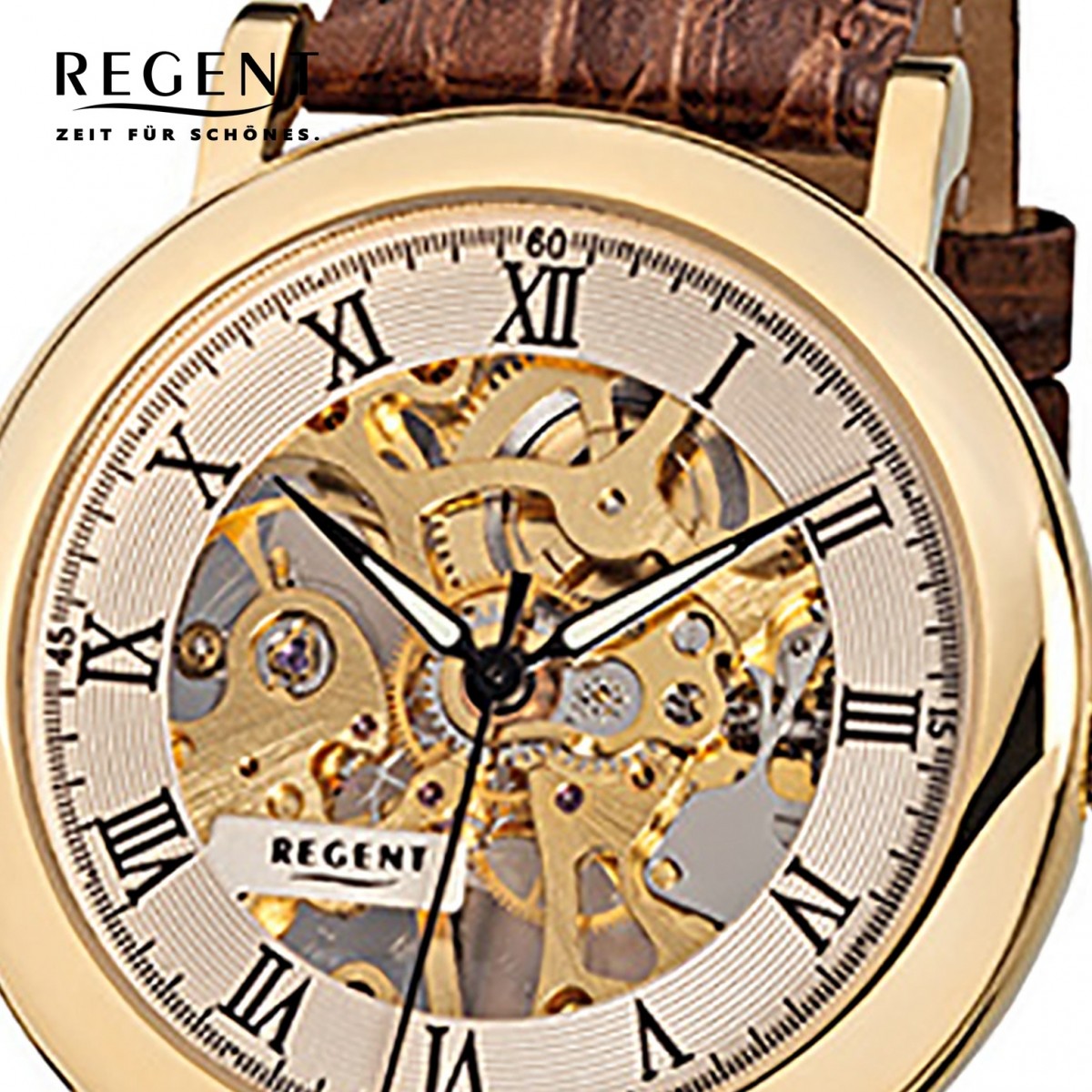 Regent Herren-Armbanduhr URF758 Mineralglas F-1390 Leder braun Handaufzug mechanisch