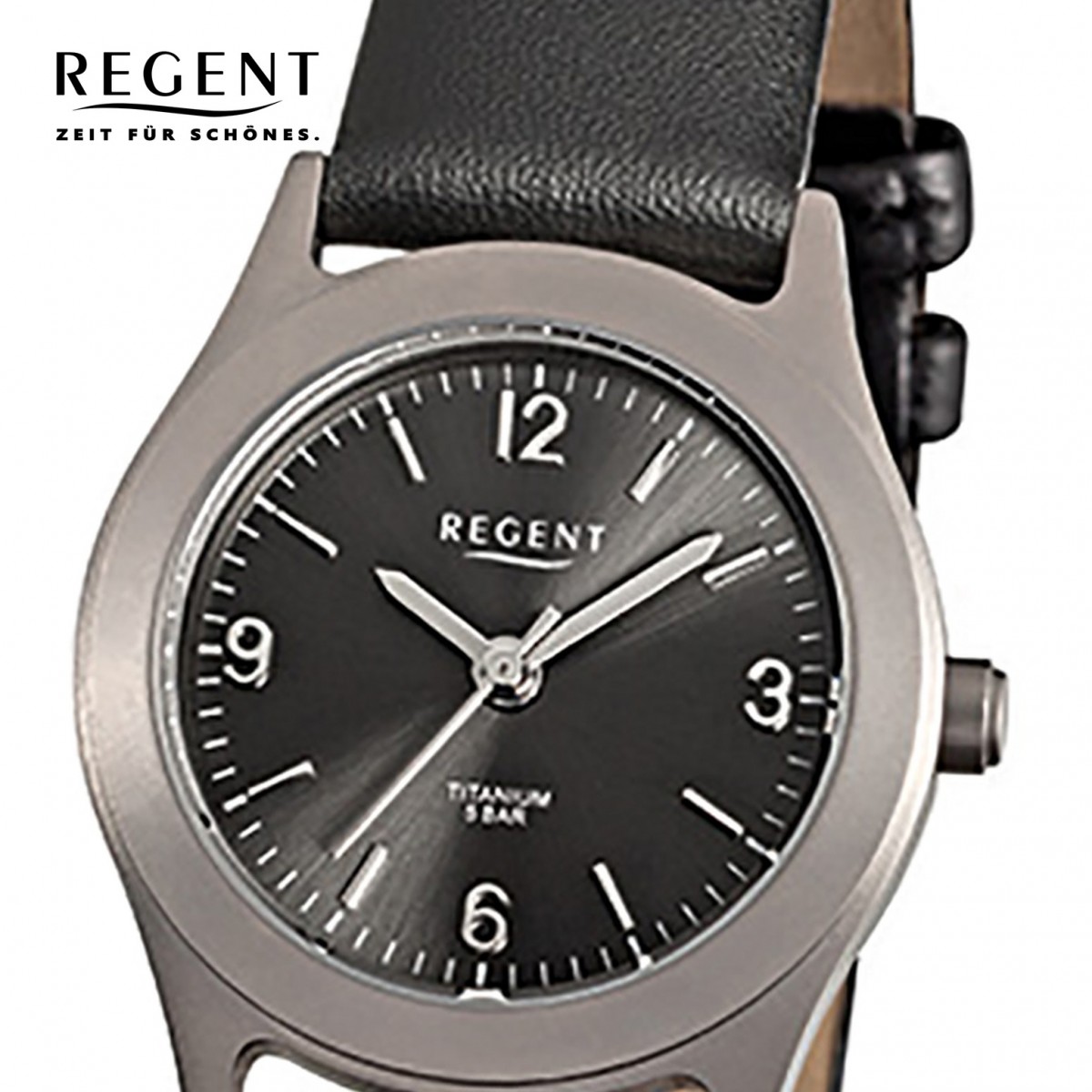 Quarzwerk schwarz Titan-Uhr Damen-Armbanduhr Leder URF872 Regent Titan