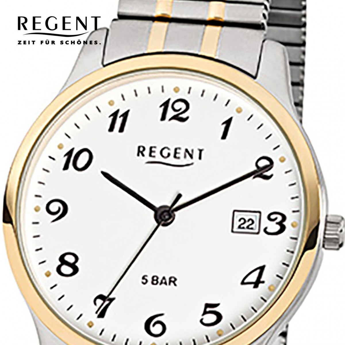 Regent Herren-Armbanduhr F-877 Quarz-Uhr Stahl-Armband gold URF877 silber