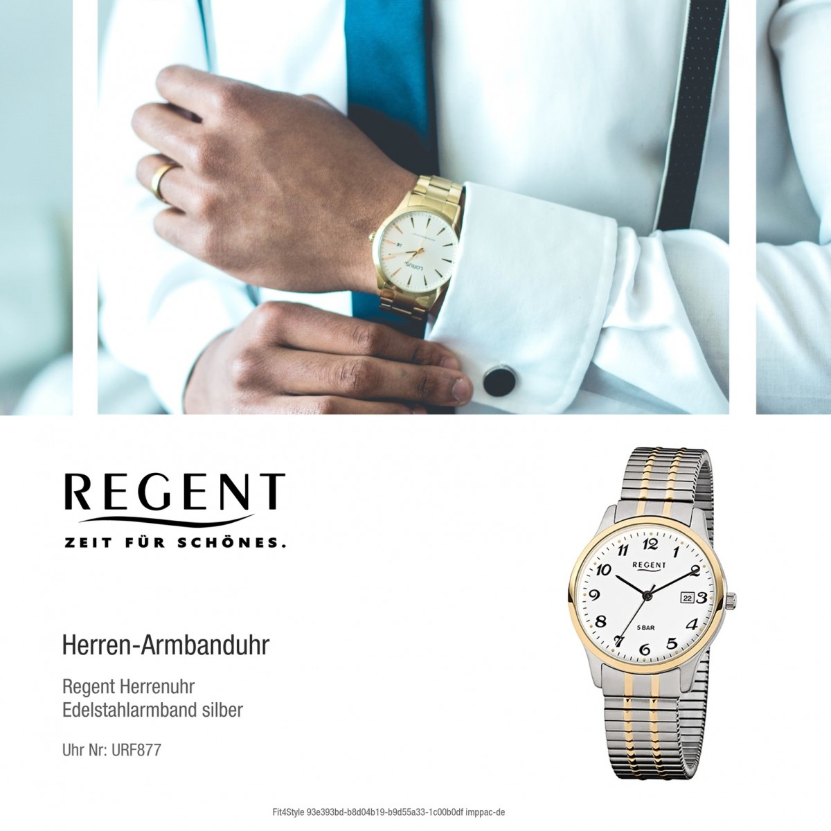 Regent Herren-Armbanduhr F-877 Quarz-Uhr Stahl-Armband URF877 silber gold