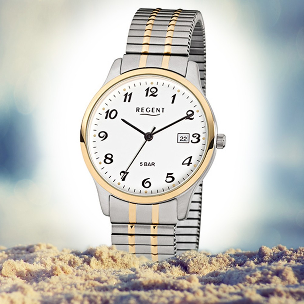 Regent Herren-Armbanduhr F-877 URF877 Stahl-Armband Quarz-Uhr gold silber