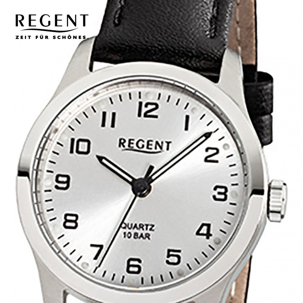 Regent Damen-Armbanduhr Titan-Uhr Quarz Uhr Leder schwarz Leuchtzeiger URF899