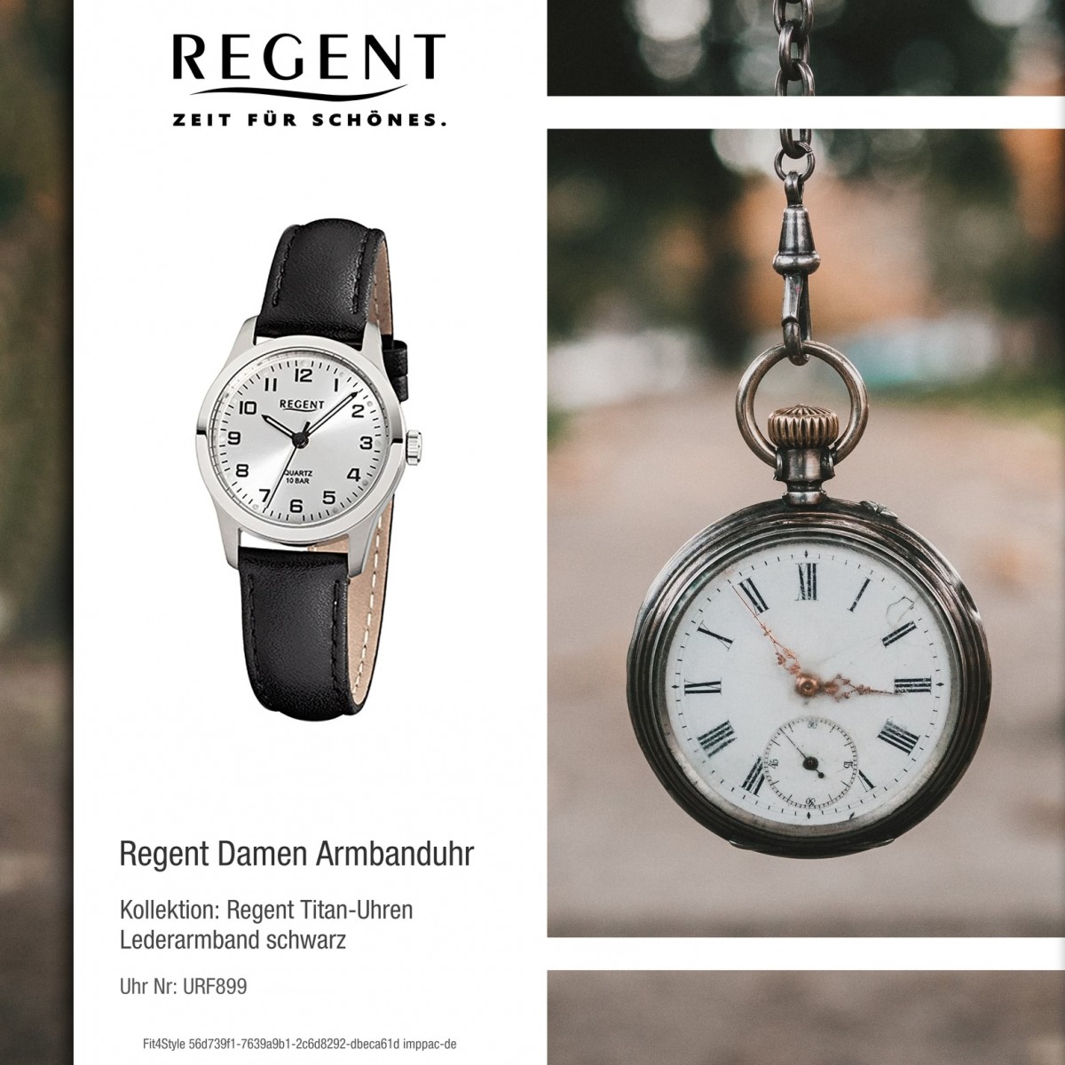 Regent Damen-Armbanduhr Titan-Uhr Quarz Leder Uhr schwarz Leuchtzeiger URF899