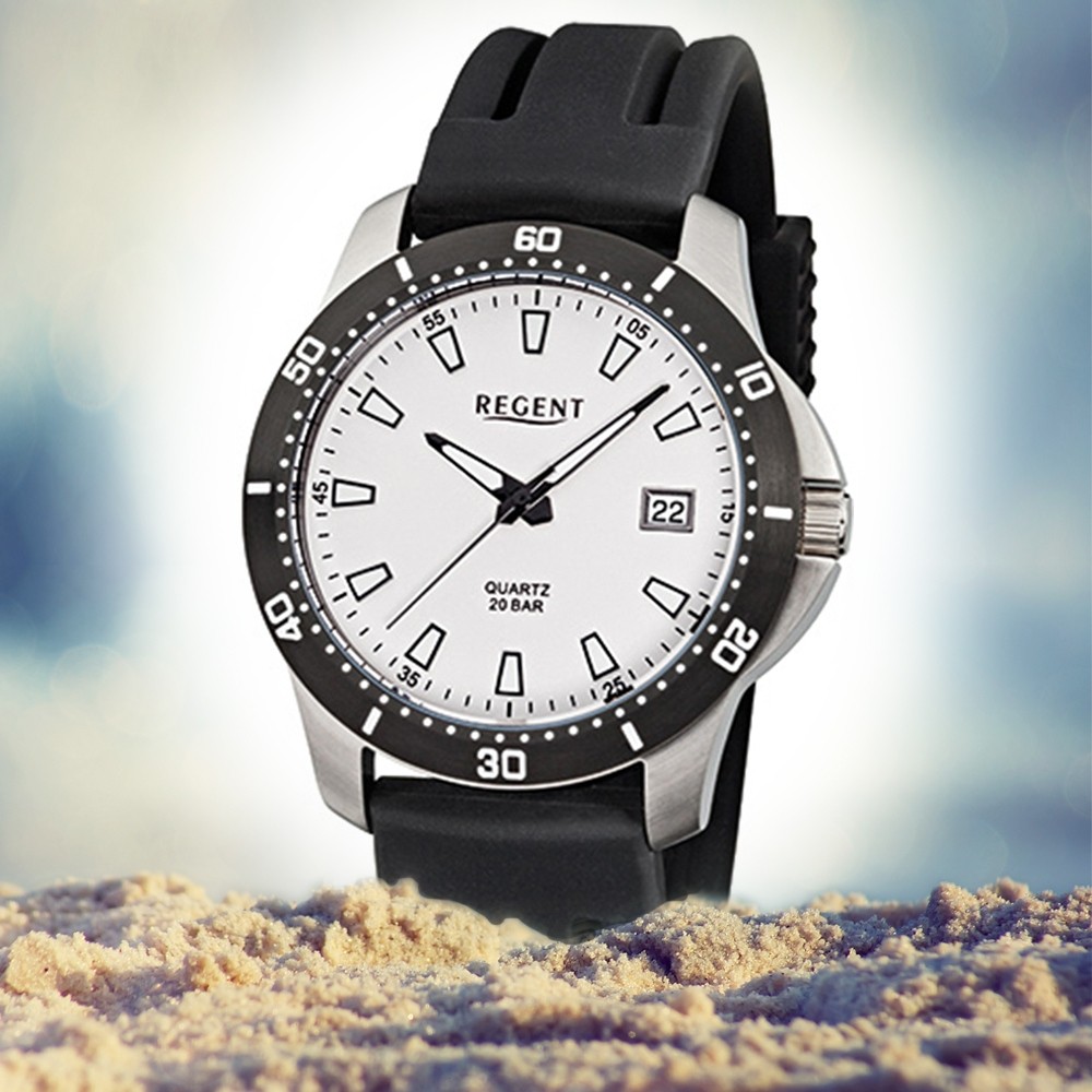 Regent Herren-Armbanduhr Kunststoff-Armband F-912 Quarz-Uhr schwarz URF912