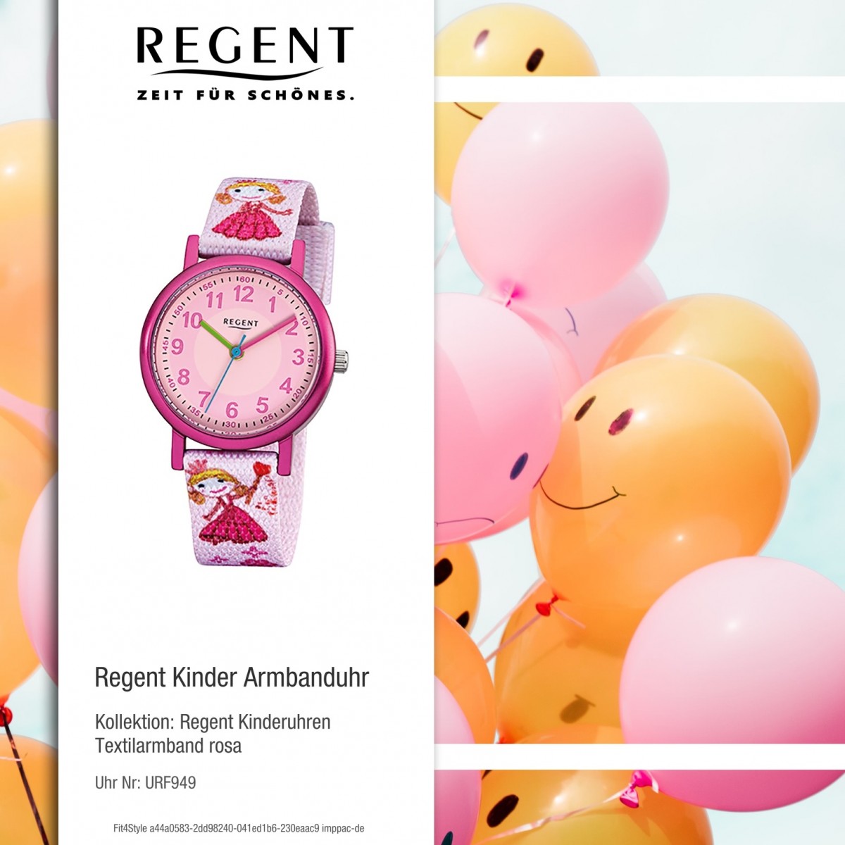 Regent Kinder-Armbanduhr Prinzessin Mineralglas Quarz URF949 rosa Textil