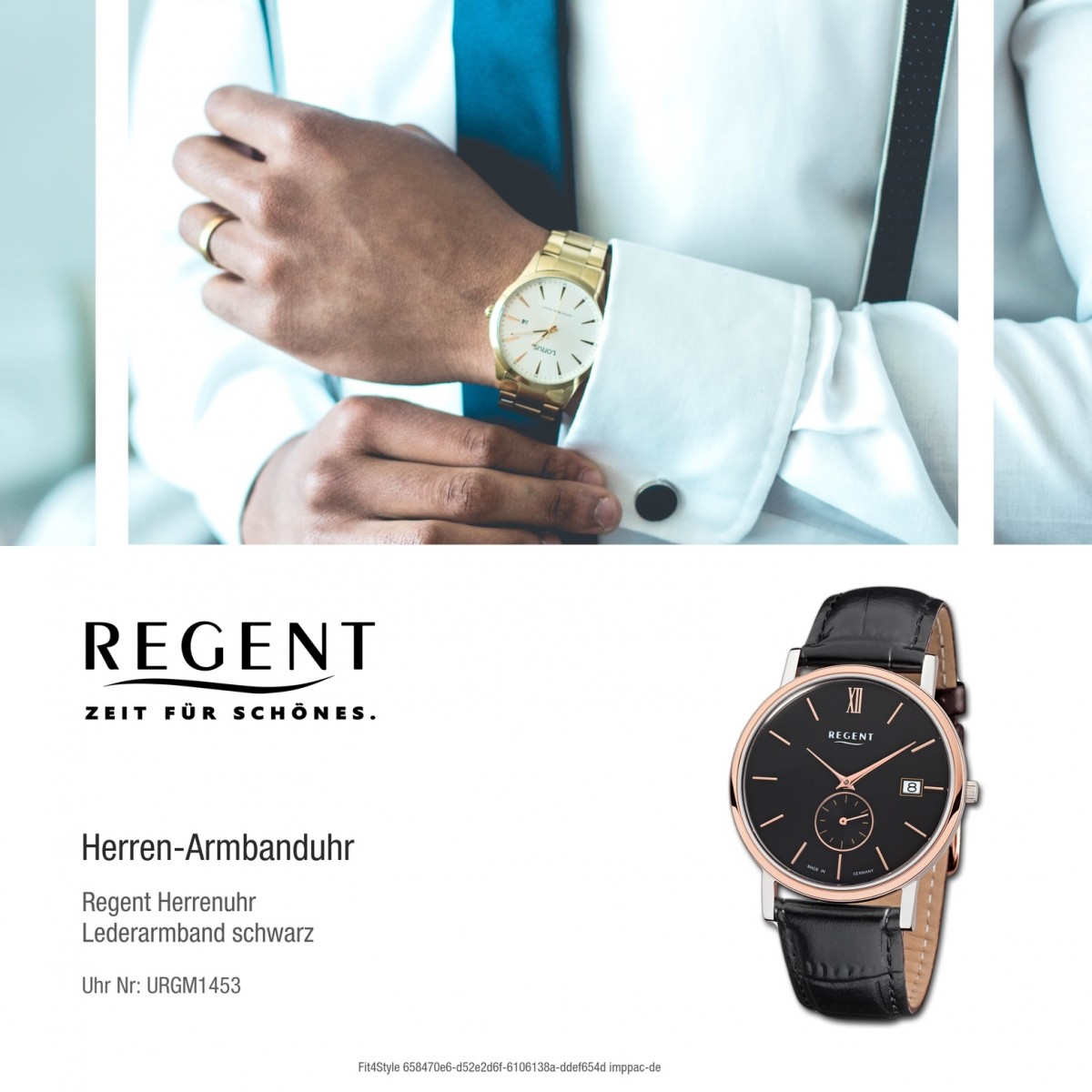 URGM1453 Regent Quarz-Uhr Leder-Armband Uhr schwarz Herren-Armbanduhr