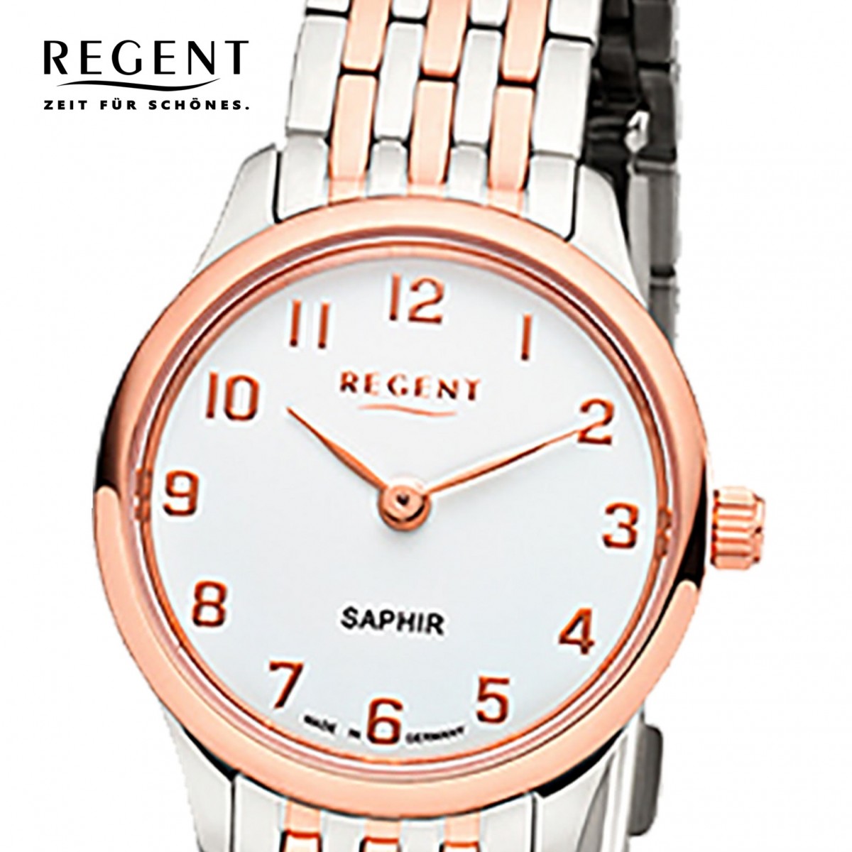 Regent Damen rosegold Armbanduhr Analog GM-1460 URGM1460 Metall Quarz-Uhr silber