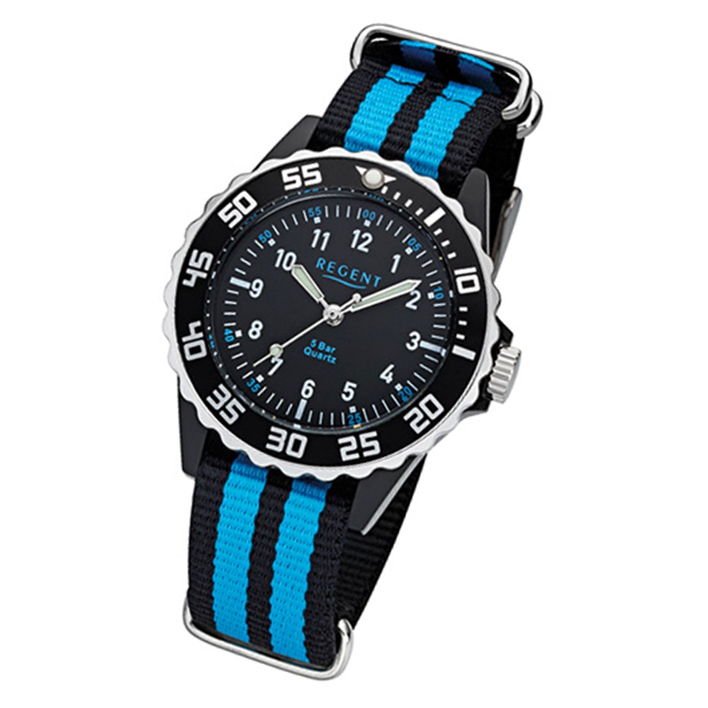 32-F-1126 Regent Quarz-Uhr Jugend-Armbanduhr Textil, schwarz Stoff-Armband Kinder, URF1126 blau