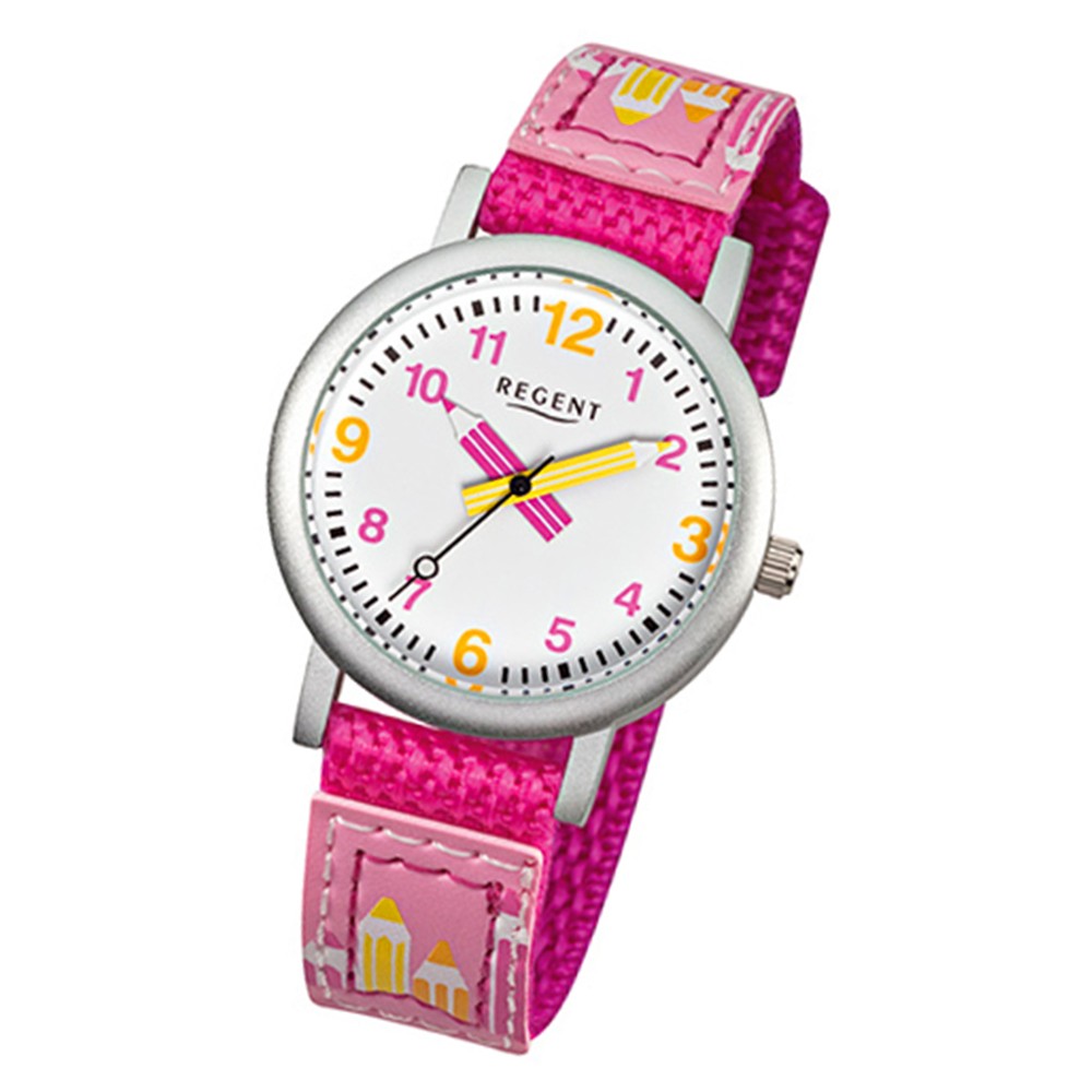 Regent Kinder Aluminium Uhr Armbanduhr Stifte Textil pink URF730 Quarz Mädchen