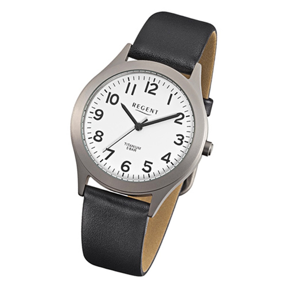 Regent Herren-Armbanduhr F-842 Titan-Uhr Leder-Armband URF842 schwarz