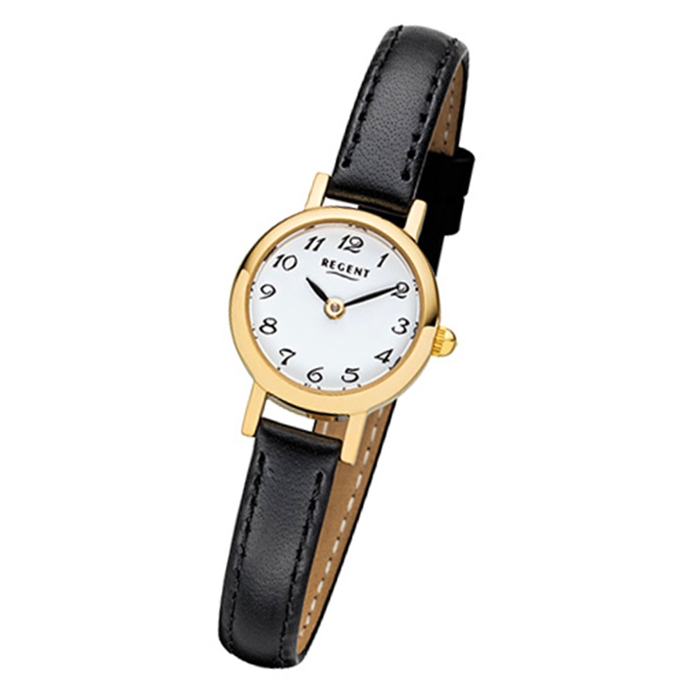 Regent Damen-Armbanduhr F-980 Mini Quarz-Uhr schwarz Leder-Armband URF980