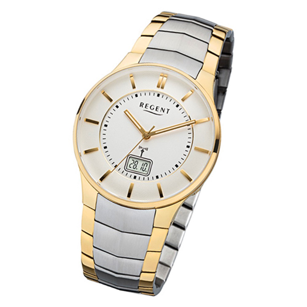 Regent Herren-Armbanduhr gold silber 32-FR-213 URFR213 Edelstahl-Armband Funkuhr