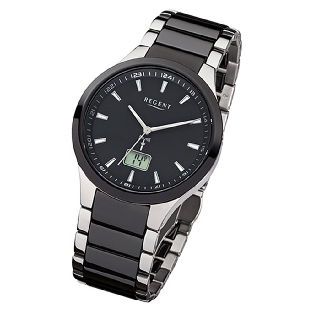 FR-237 Stahl-Keramik-Armband Regent Funkuhr schwarz Herren-Uhr silber URFR237