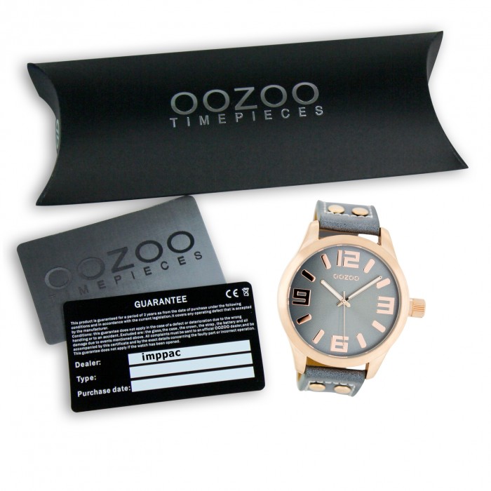 OOZOO Damenuhr blaugrau/rosegold 46mm, Uhr mit Leder-Armband UOC1154