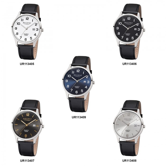 Regent Herren-Armbanduhr F-1241 UR1113405 Quarz-Uhr schwarz Leder-Armband