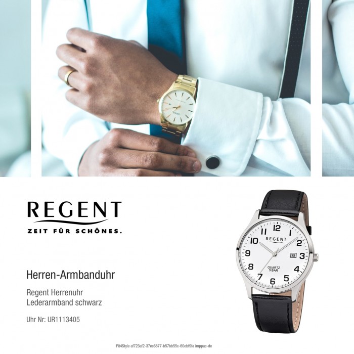 schwarz Regent UR1113405 Quarz-Uhr Herren-Armbanduhr Leder-Armband F-1241
