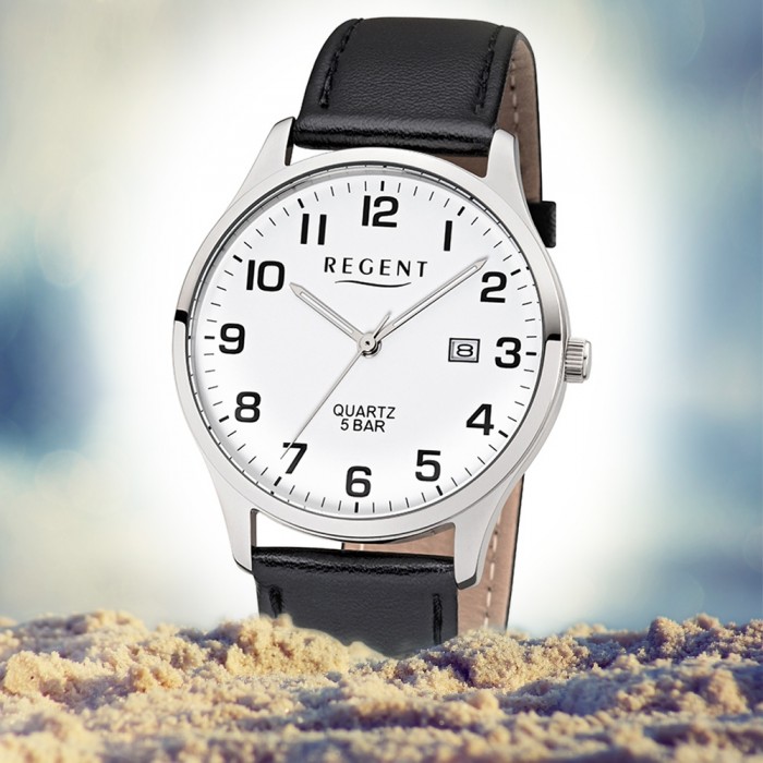 Regent Herren-Armbanduhr F-1241 Quarz-Uhr schwarz UR1113405 Leder-Armband