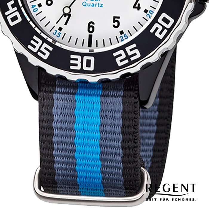 Quarz-Uhr Kinder Regent Analog blau schwarz Armbanduhr F-1204 Textil URBA383