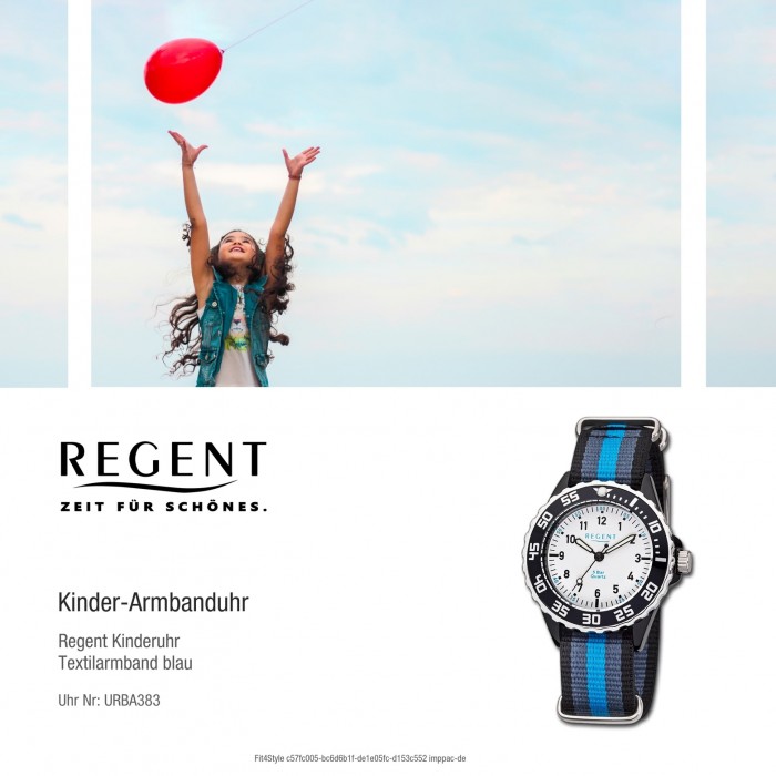 Regent Kinder Armbanduhr Analog Quarz-Uhr URBA383 schwarz Textil blau F-1204