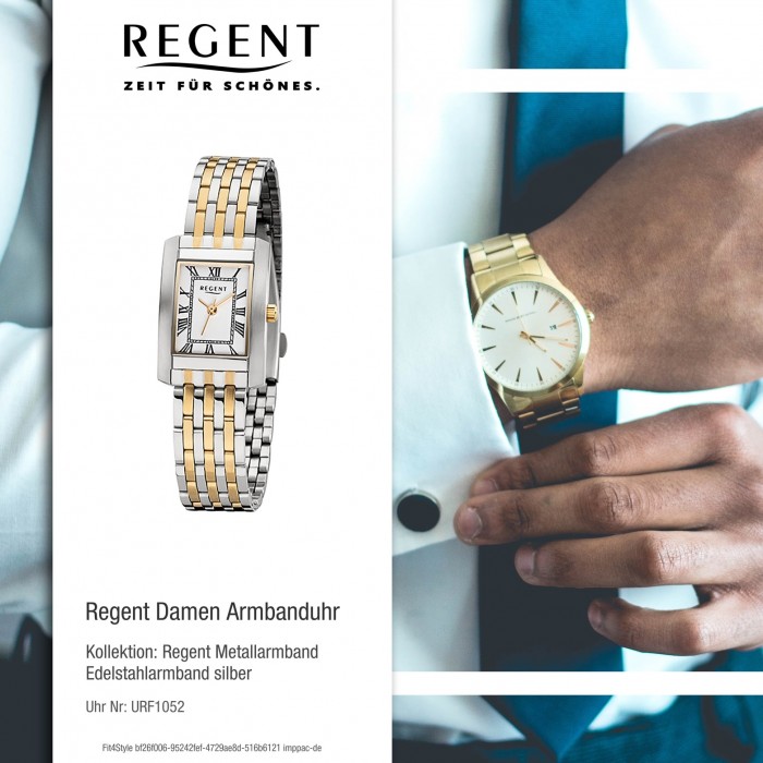 URF1052 Quarz-Uhr gold Damen-Armbanduhr Regent 32-F-1052 Edelstahl-Armband URF105 silber