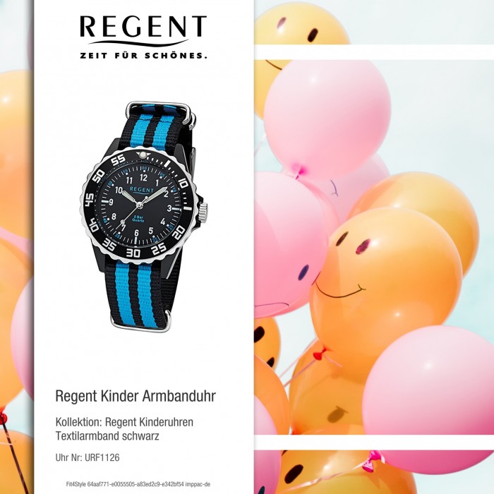 Regent Kinder, Jugend-Armbanduhr schwarz Stoff-Armband Quarz-Uhr blau 32-F-1126 Textil, URF1126
