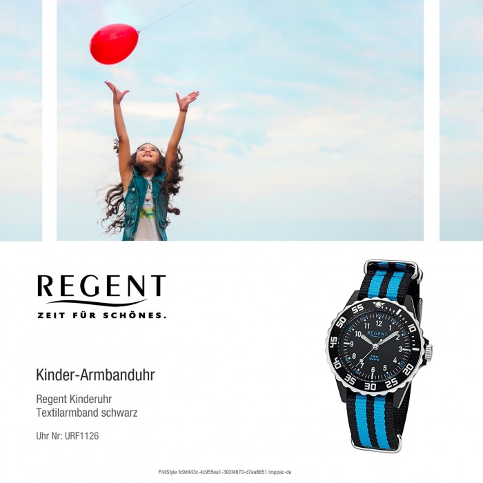 Regent Kinder, Jugend-Armbanduhr 32-F-1126 Quarz-Uhr schwarz Textil, blau Stoff-Armband URF1126