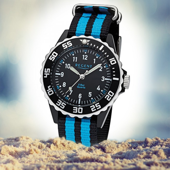 Regent blau Kinder, Quarz-Uhr Stoff-Armband URF1126 schwarz Textil, Jugend-Armbanduhr 32-F-1126
