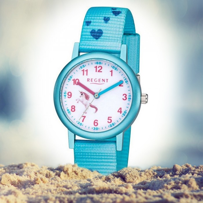 Textil Kinder Analog F-1208 Armbanduhr Regent URF1208 Quarz-Uhr blau