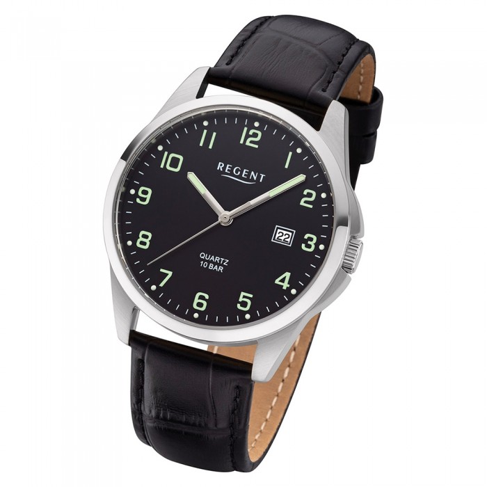 Regent Herren F-1227 URF1227 schwarz Analog Armbanduhr Quarz-Uhr Leder