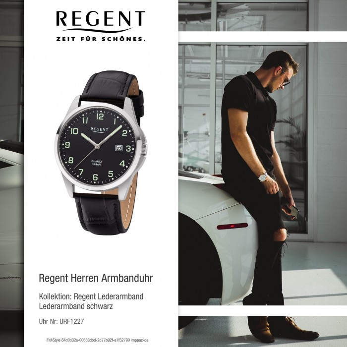 Regent Herren Armbanduhr Analog F-1227 URF1227 schwarz Leder Quarz-Uhr