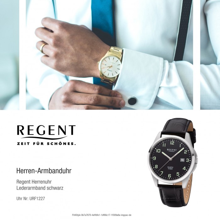 Herren Regent F-1227 Leder Analog Quarz-Uhr schwarz URF1227 Armbanduhr