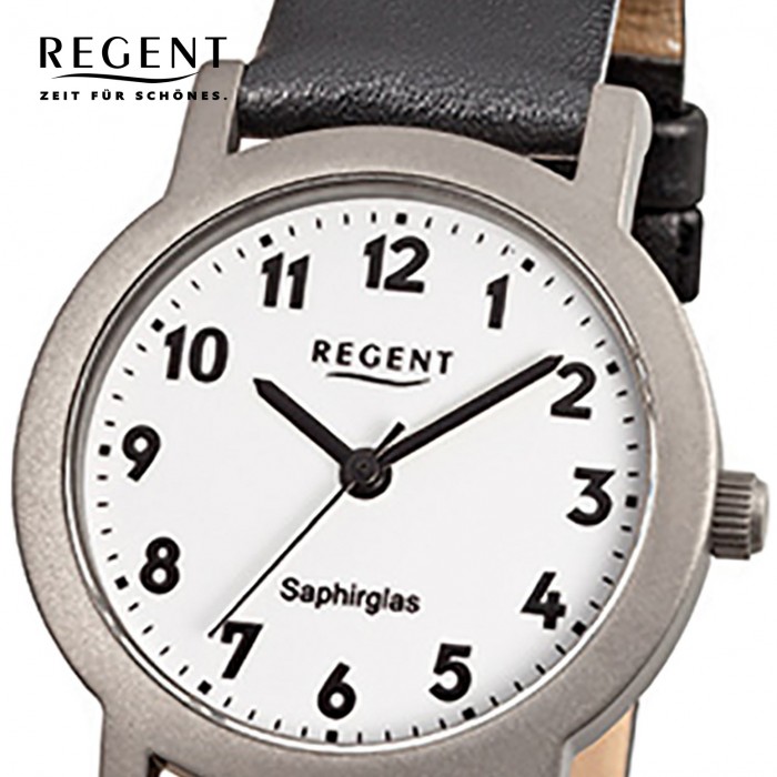 Regent Damen-Armbanduhr F-663 Titan-Uhr Leder-Armband schwarz URF663