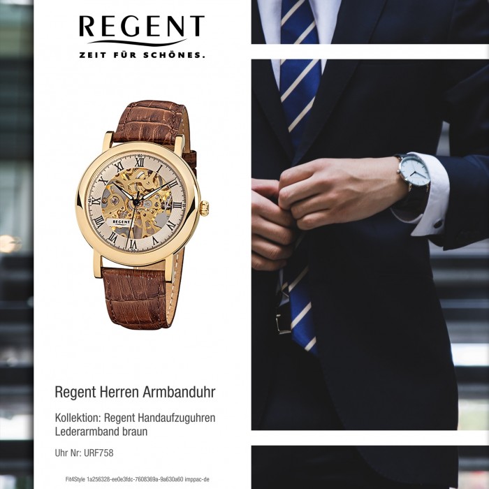 Regent Herren-Armbanduhr Mineralglas mechanisch Leder braun URF758 F-1390 Handaufzug
