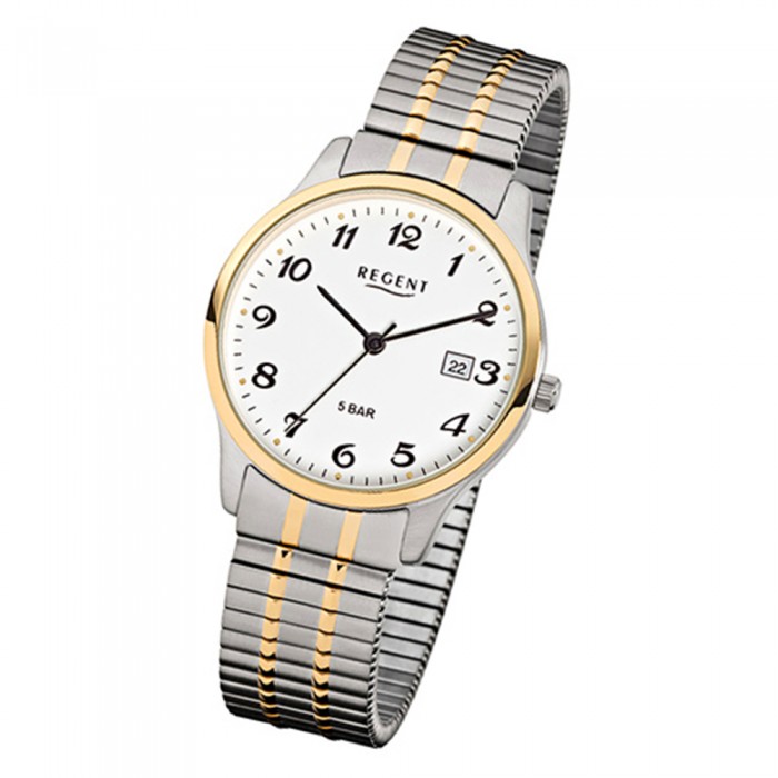 Regent Herren-Armbanduhr F-877 Quarz-Uhr Stahl-Armband URF877 gold silber