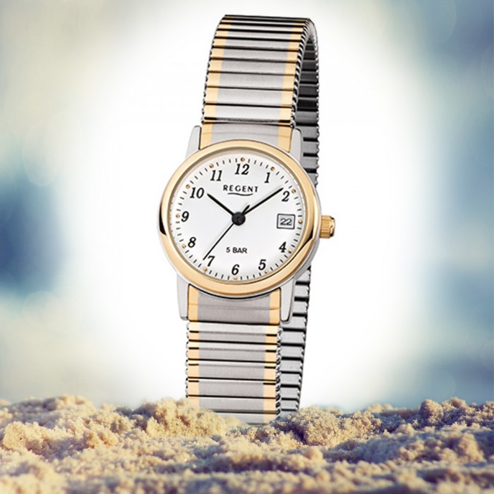 Regent Damen, Herren-Armbanduhr F-889 URF889 silber Quarz-Uhr Stahl-Armband gold