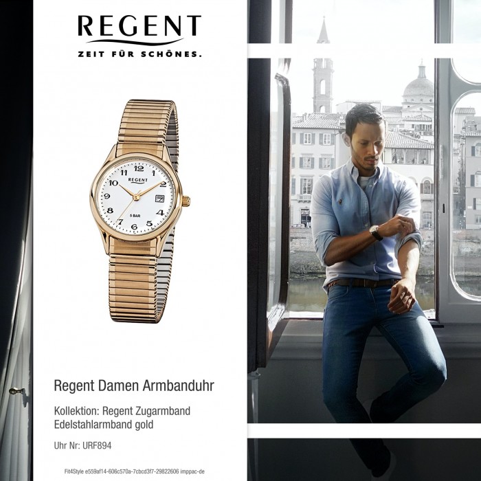 Regent Damen, Herren-Armbanduhr Quarz-Uhr gold Stahl-Armband F-894 URF894