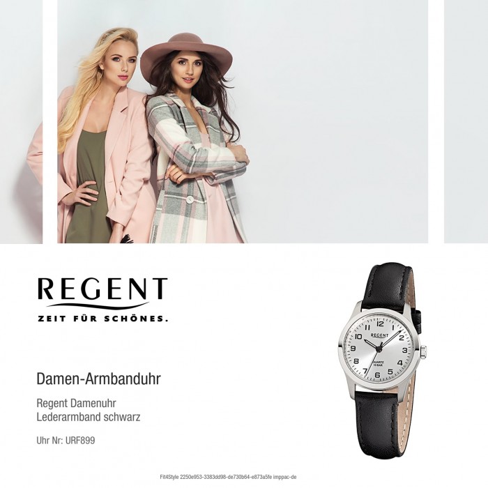 Regent schwarz Leuchtzeiger Damen-Armbanduhr Uhr Leder Quarz Titan-Uhr URF899