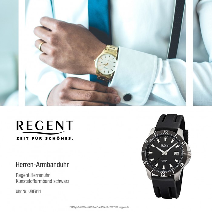 Regent Herren-Armbanduhr Mineralglas Kunststoff URF911 schwarz Quarz